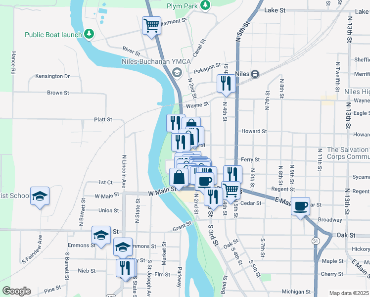 map of restaurants, bars, coffee shops, grocery stores, and more near 402 Front Street in Niles