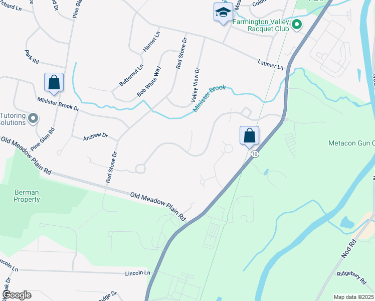 map of restaurants, bars, coffee shops, grocery stores, and more near 126 Old Canal Way in Simsbury
