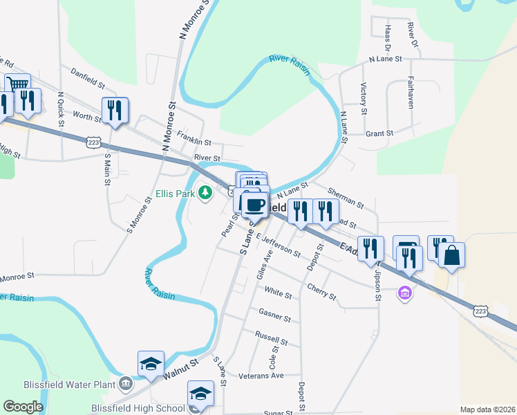 map of restaurants, bars, coffee shops, grocery stores, and more near 101 South Lane Street in Blissfield