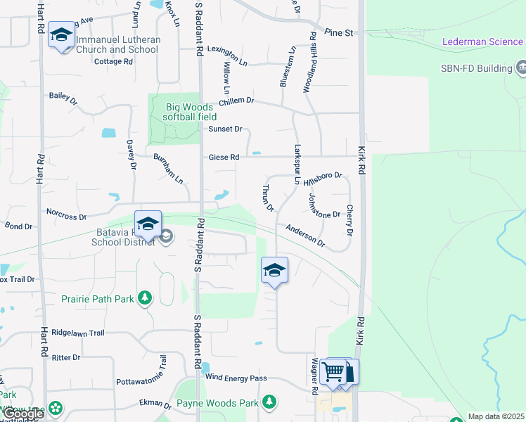 map of restaurants, bars, coffee shops, grocery stores, and more near 1231 Thrun Drive in Batavia