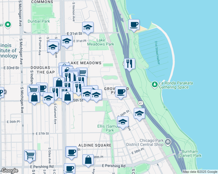 map of restaurants, bars, coffee shops, grocery stores, and more near 3445 South Cottage Grove Avenue in Chicago