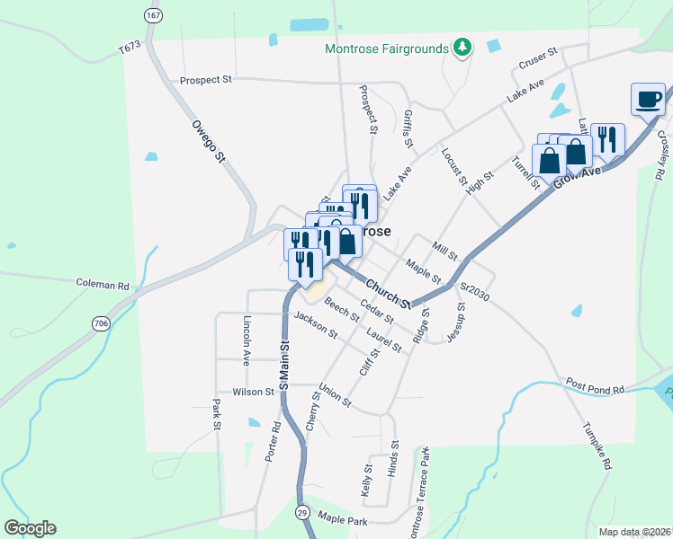 map of restaurants, bars, coffee shops, grocery stores, and more near 446 South Main Street in Montrose