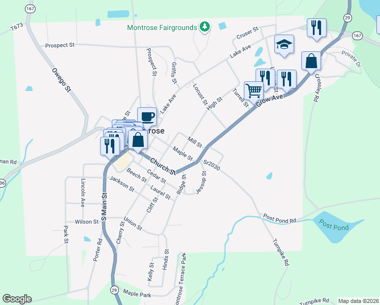 map of restaurants, bars, coffee shops, grocery stores, and more near 231 Church Street in Montrose