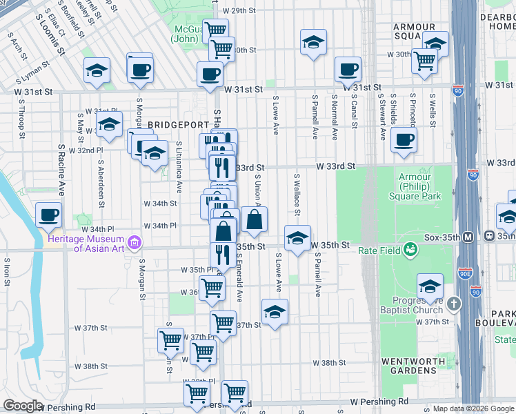 map of restaurants, bars, coffee shops, grocery stores, and more near 701 W 34th St in Chicago