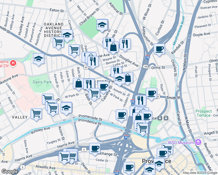 map of restaurants, bars, coffee shops, grocery stores, and more near 99 West Park Street in Providence