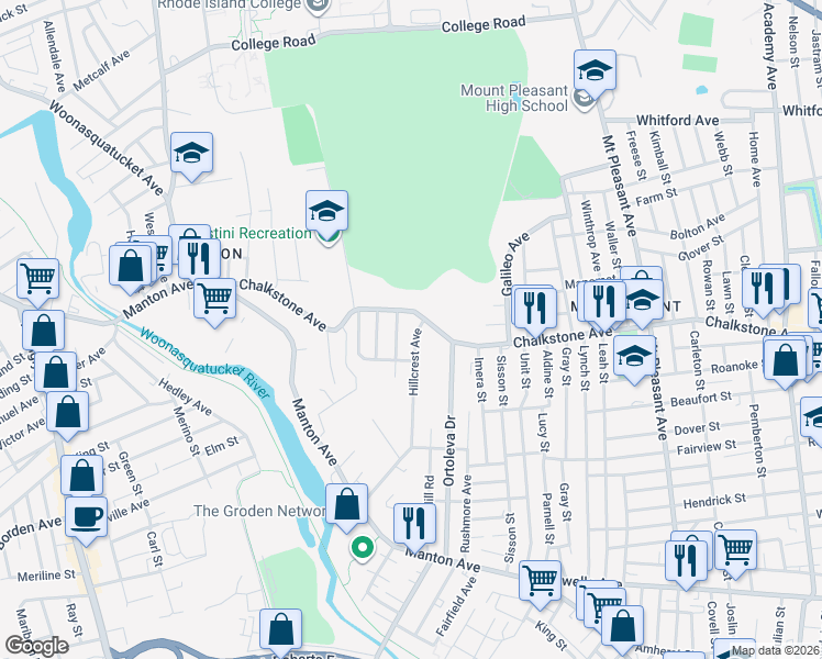map of restaurants, bars, coffee shops, grocery stores, and more near 195 Brush Hill Road in Providence