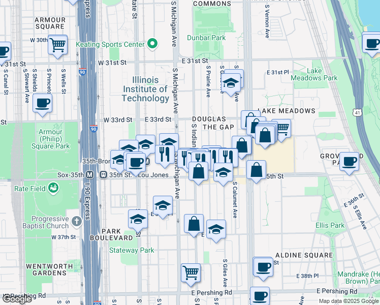 map of restaurants, bars, coffee shops, grocery stores, and more near 3429 South Michigan Avenue in Chicago