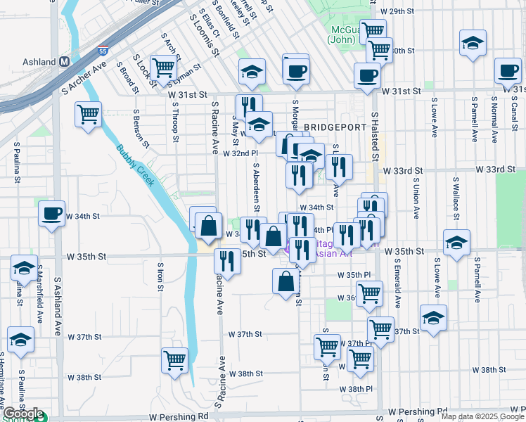 map of restaurants, bars, coffee shops, grocery stores, and more near 3418 South Carpenter Street in Chicago