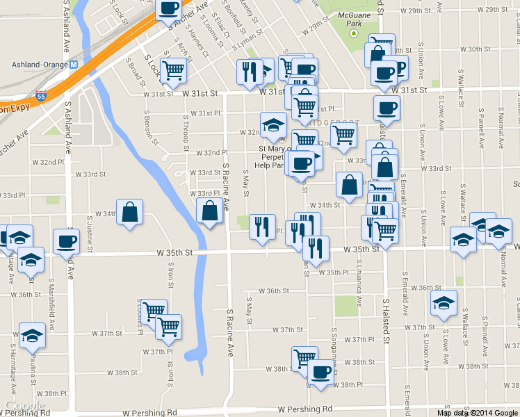 map of restaurants, bars, coffee shops, grocery stores, and more near 3420 South Aberdeen Street in Chicago