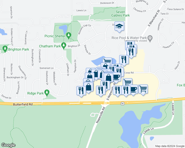 map of restaurants, bars, coffee shops, grocery stores, and more near 42 Danada Square West in Wheaton