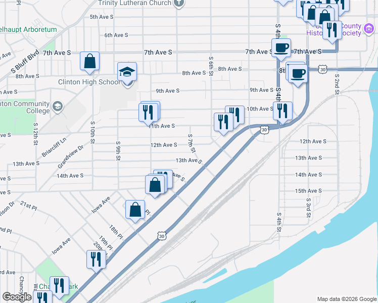 map of restaurants, bars, coffee shops, grocery stores, and more near 601-799 13th Ave S in Clinton