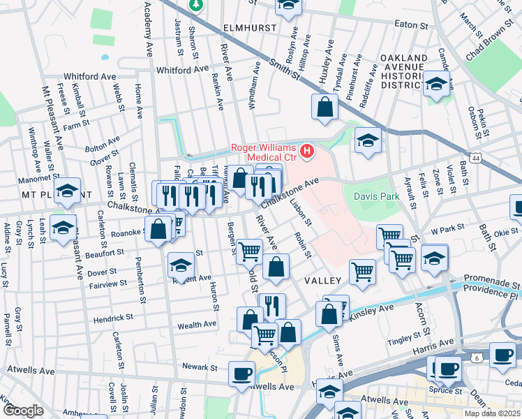 map of restaurants, bars, coffee shops, grocery stores, and more near 49 Berkley Street in Providence