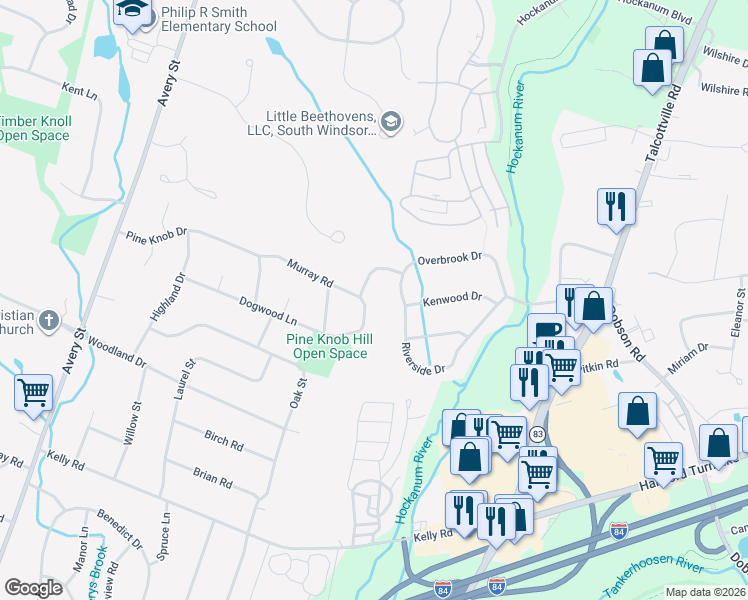 map of restaurants, bars, coffee shops, grocery stores, and more near 7 Riverside Drive in Vernon