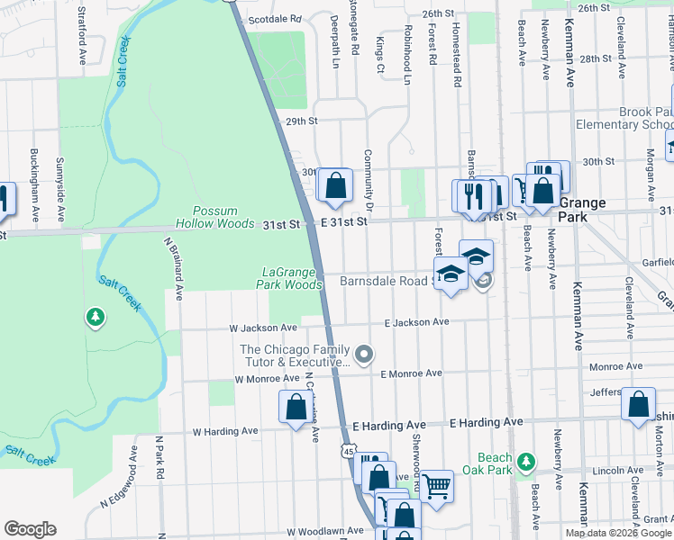 map of restaurants, bars, coffee shops, grocery stores, and more near 938 Meadowcrest Road in La Grange Park