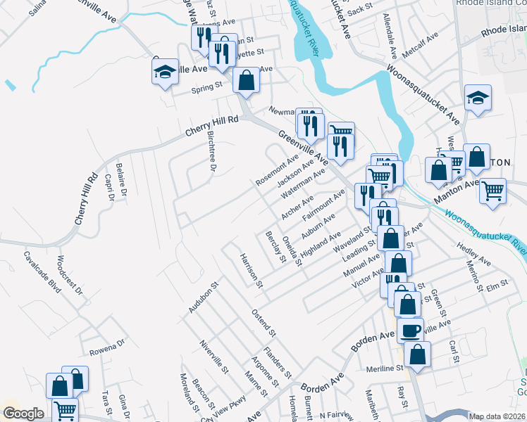 map of restaurants, bars, coffee shops, grocery stores, and more near 65 Archer Avenue in Johnston