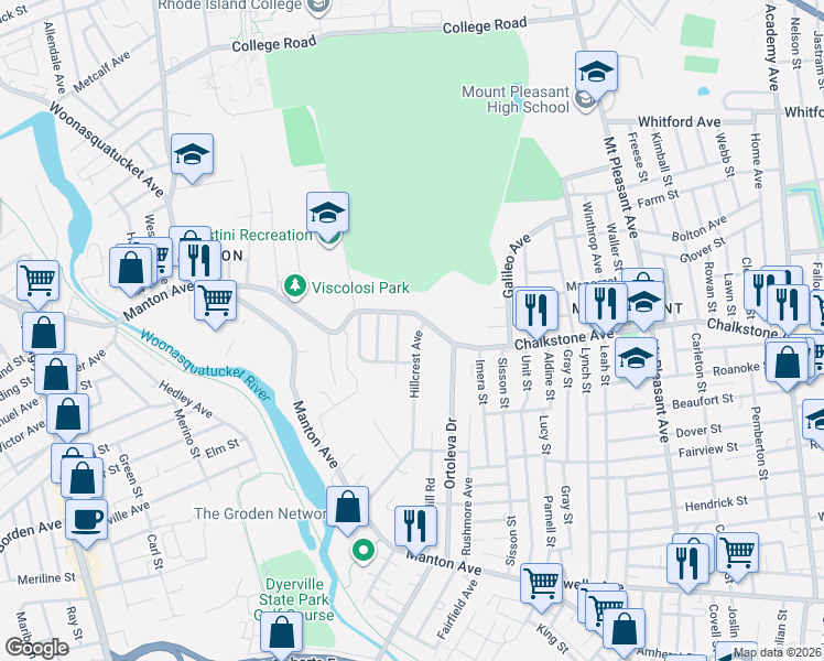 map of restaurants, bars, coffee shops, grocery stores, and more near 167R Hillcrest Avenue in Providence