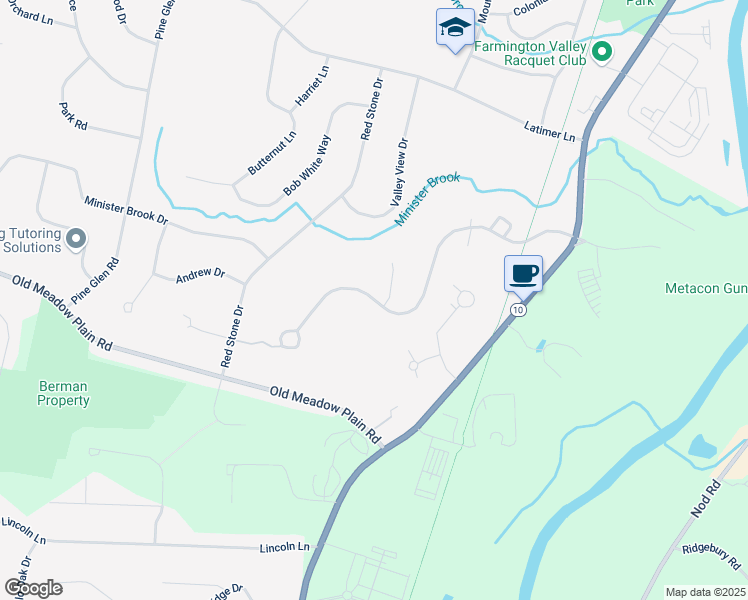 map of restaurants, bars, coffee shops, grocery stores, and more near Old Canal Way in Simsbury