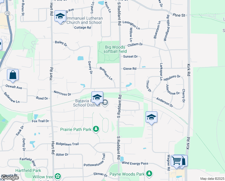 map of restaurants, bars, coffee shops, grocery stores, and more near 936 Norcross Drive in Batavia