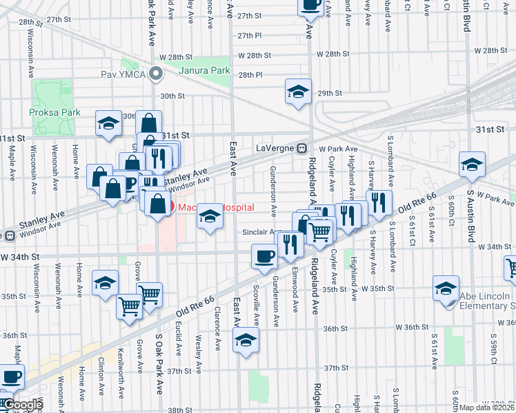 map of restaurants, bars, coffee shops, grocery stores, and more near 6512 33rd Street in Berwyn