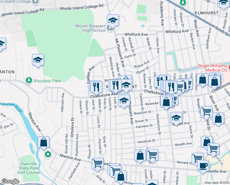 map of restaurants, bars, coffee shops, grocery stores, and more near 1291 Chalkstone Avenue in Providence