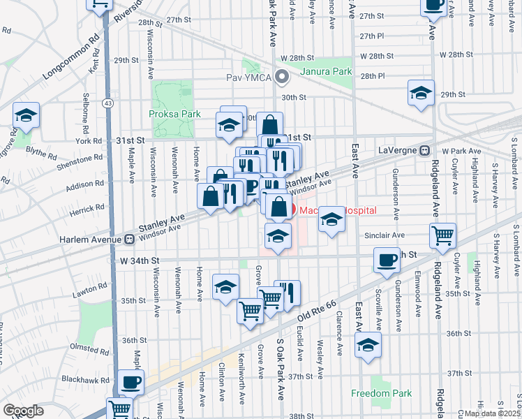 map of restaurants, bars, coffee shops, grocery stores, and more near 3303 Grove Avenue in Berwyn