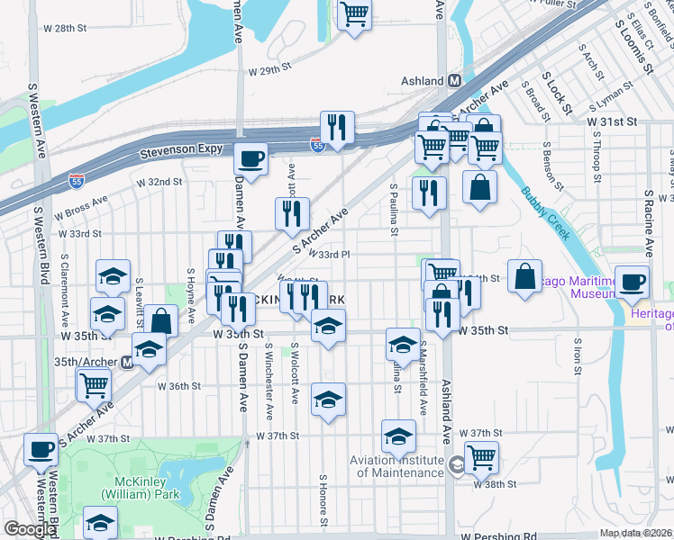 map of restaurants, bars, coffee shops, grocery stores, and more near 3410 South Wood Street in Chicago