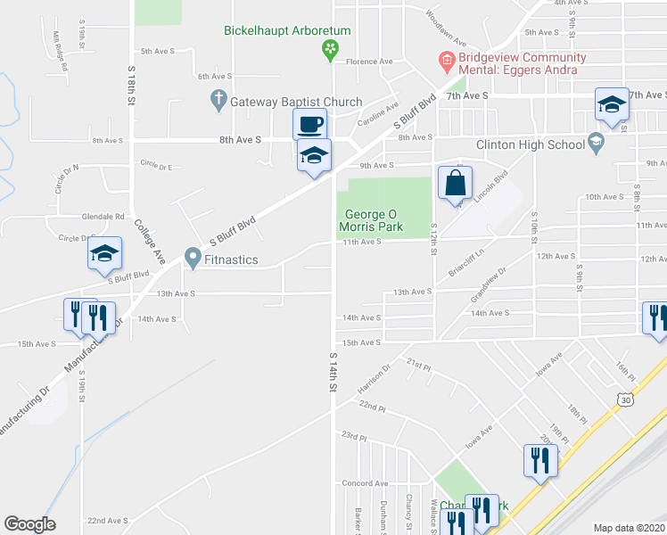 map of restaurants, bars, coffee shops, grocery stores, and more near 1401 12th Avenue South in Clinton