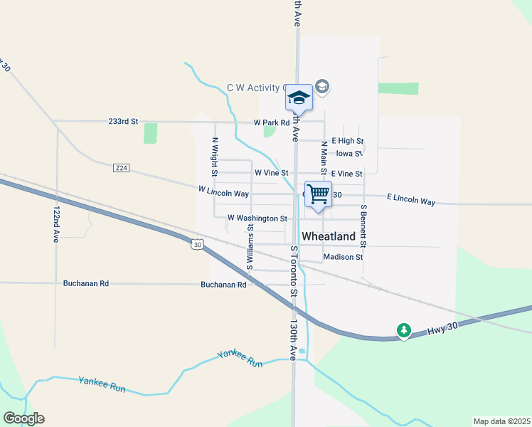 map of restaurants, bars, coffee shops, grocery stores, and more near 101-199 West Washington Street in Wheatland