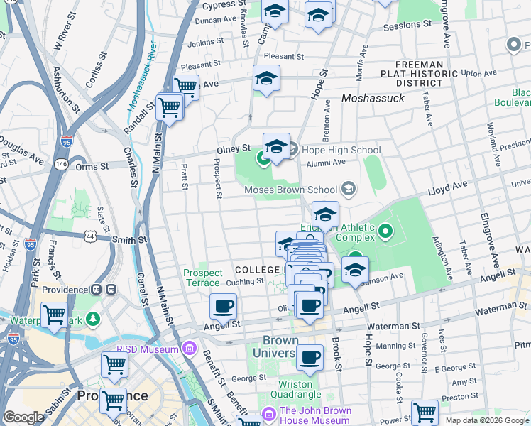 map of restaurants, bars, coffee shops, grocery stores, and more near 65 Keene Street in Providence