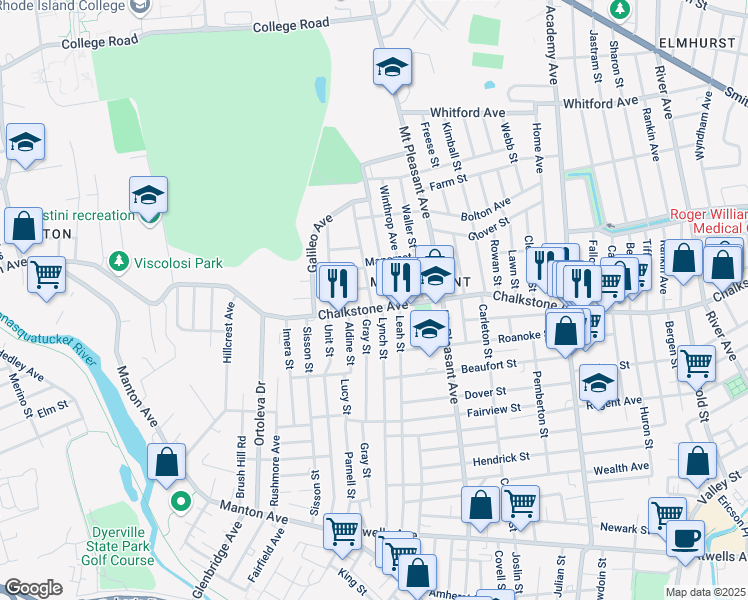 map of restaurants, bars, coffee shops, grocery stores, and more near 244 Lynch Street in Providence