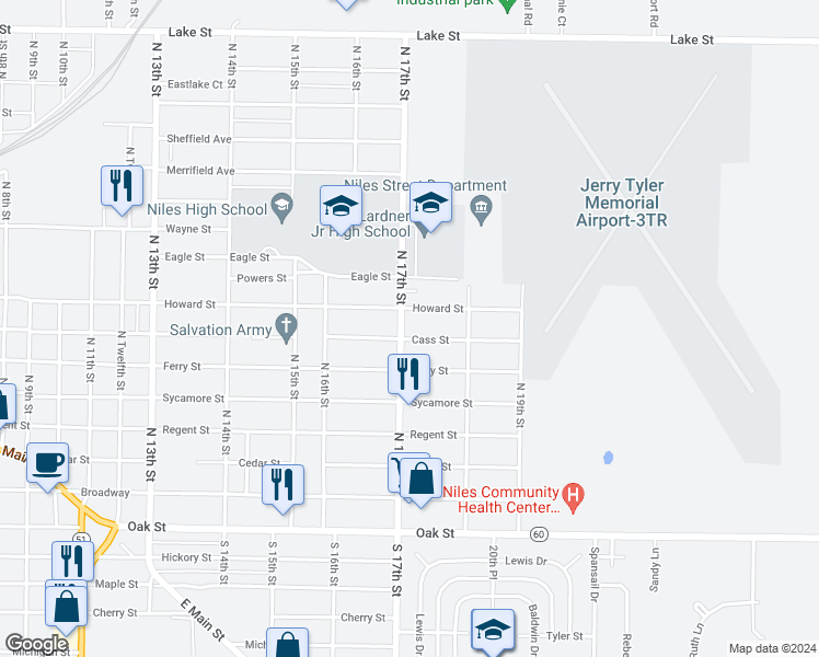 map of restaurants, bars, coffee shops, grocery stores, and more near 1710 Cass Street in Niles