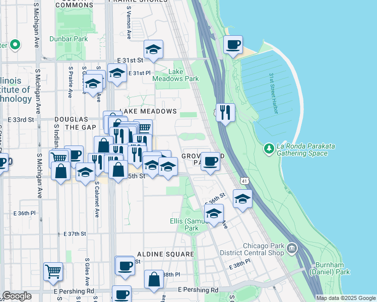 map of restaurants, bars, coffee shops, grocery stores, and more near 3445 South Cottage Grove Avenue in Chicago