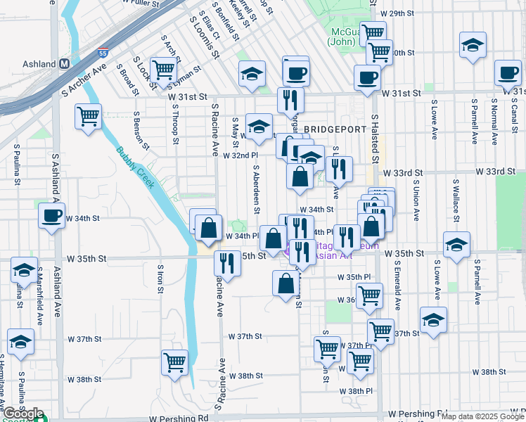 map of restaurants, bars, coffee shops, grocery stores, and more near 3418 South Carpenter Street in Chicago