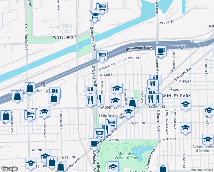 map of restaurants, bars, coffee shops, grocery stores, and more near 3401 South Oakley Avenue in Chicago