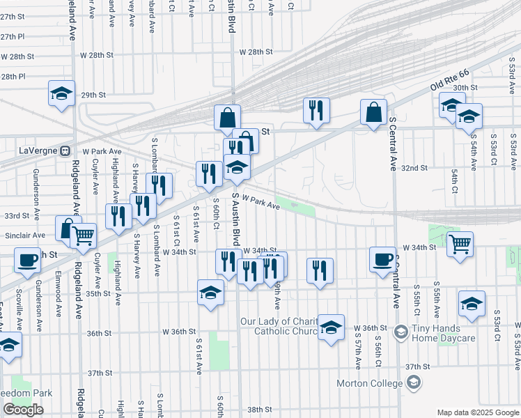 map of restaurants, bars, coffee shops, grocery stores, and more near 3300 South 59th Avenue in Cicero