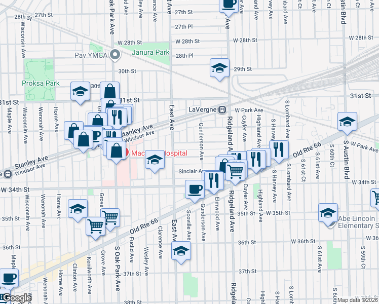 map of restaurants, bars, coffee shops, grocery stores, and more near 6512 33rd Street in Berwyn
