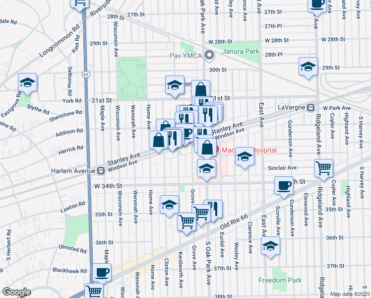 map of restaurants, bars, coffee shops, grocery stores, and more near 3307 Kenilworth Avenue in Berwyn