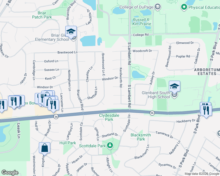 map of restaurants, bars, coffee shops, grocery stores, and more near 23W306 Cambridge Court in Glen Ellyn
