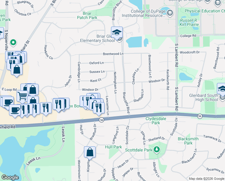 map of restaurants, bars, coffee shops, grocery stores, and more near 1993 Nottingham Lane in Wheaton