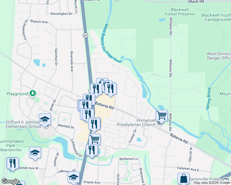 map of restaurants, bars, coffee shops, grocery stores, and more near 2 Illinois Route 59 in Warrenville