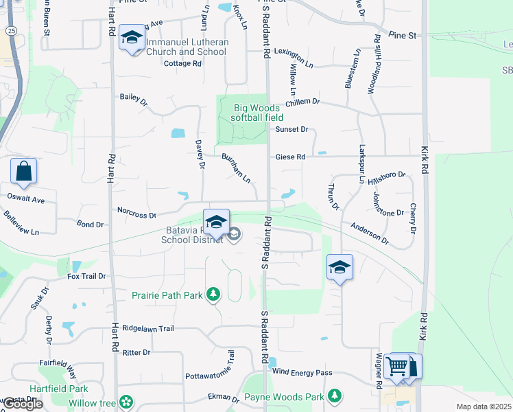 map of restaurants, bars, coffee shops, grocery stores, and more near 936 Norcross Drive in Batavia