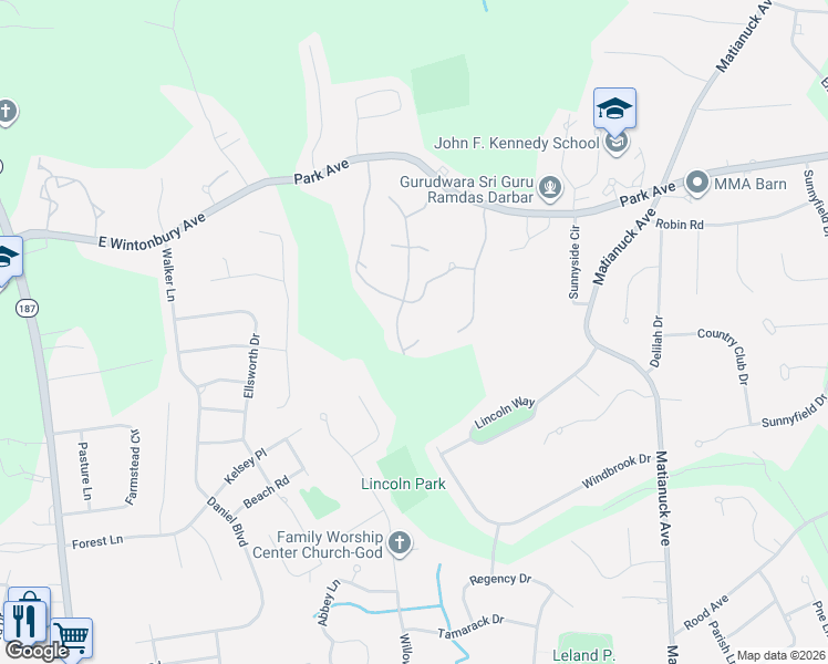 map of restaurants, bars, coffee shops, grocery stores, and more near 608 Inlet Lane in Windsor