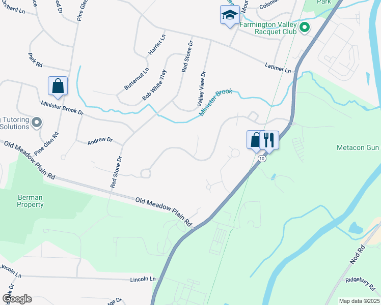 map of restaurants, bars, coffee shops, grocery stores, and more near 126 Old Canal Way in Simsbury