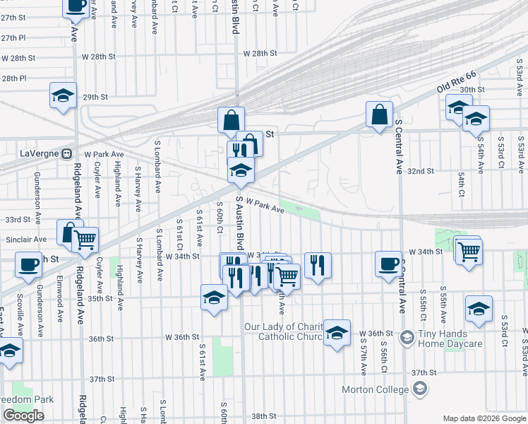 map of restaurants, bars, coffee shops, grocery stores, and more near 3300 South 59th Avenue in Cicero