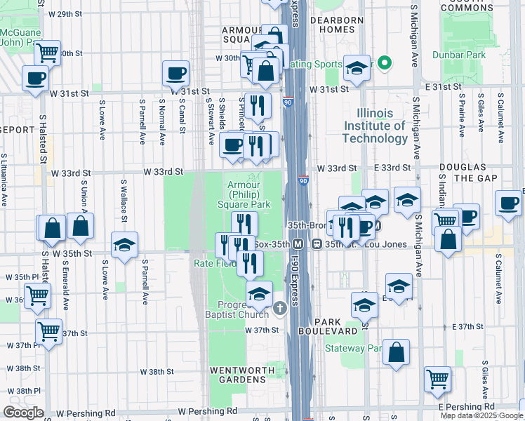 map of restaurants, bars, coffee shops, grocery stores, and more near 212 West 34th Street in Chicago