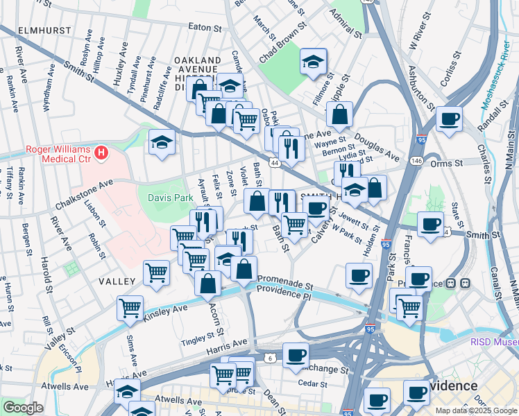 map of restaurants, bars, coffee shops, grocery stores, and more near 215 West Park Street in Providence