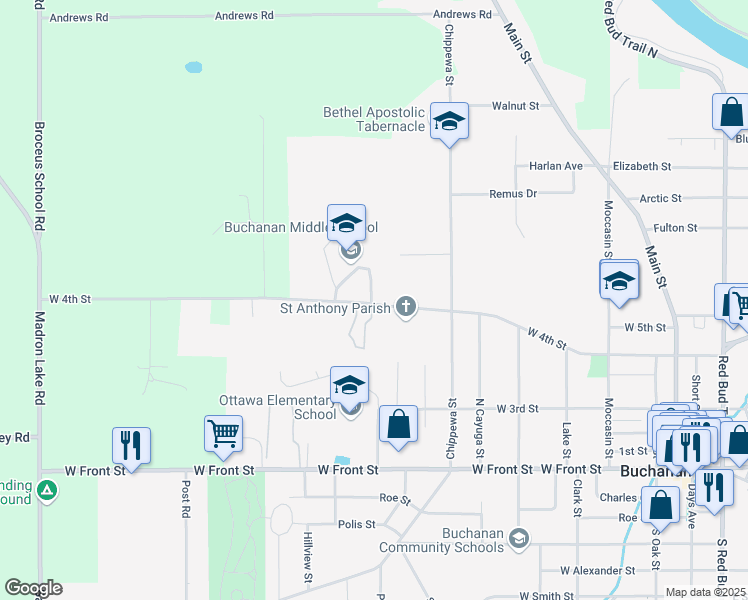 map of restaurants, bars, coffee shops, grocery stores, and more near 610 West 4th Street in Buchanan