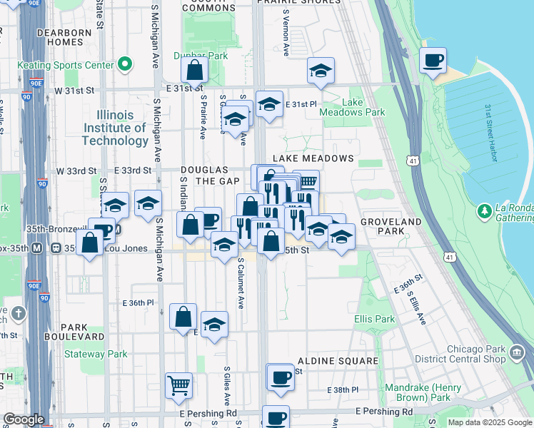 map of restaurants, bars, coffee shops, grocery stores, and more near 3445 South King Drive in Chicago