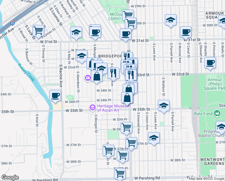 map of restaurants, bars, coffee shops, grocery stores, and more near W 34th St & S Lituanica Ave in Chicago