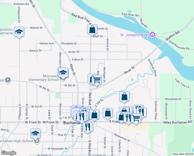 map of restaurants, bars, coffee shops, grocery stores, and more near 512 Moravia Street in Buchanan